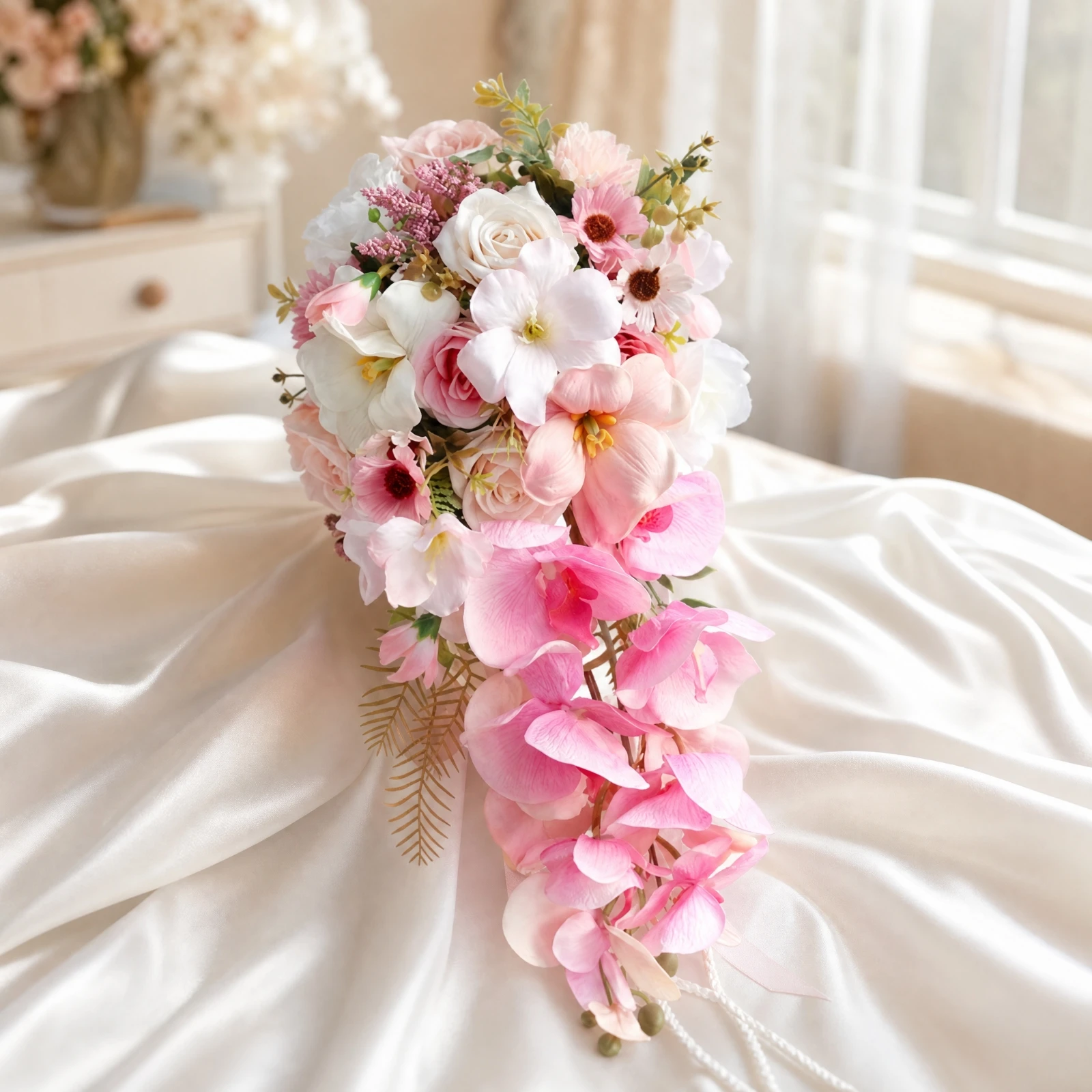 Cascading Bridal Bouquet with Trailing Ribbons Ready-to-Carry Teardrop Bridal Bouquet Elegant Pre-Made for Brides