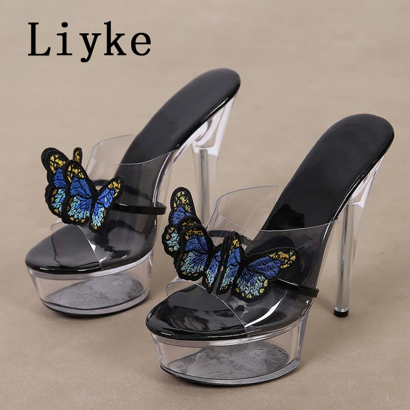 Liyke Transparent High Heels Platform Slipper For Women Handmade Embroidery Butterfly Open Toe Party Stripper Clear Shoes Sandal