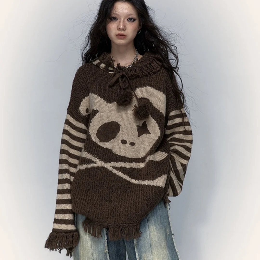 

Autumn and Winter Subcultural Personalized Design Punk Ghost Horse Street y2k Rebellious Skull Rabbit Loose Knitted Hooded Sweat