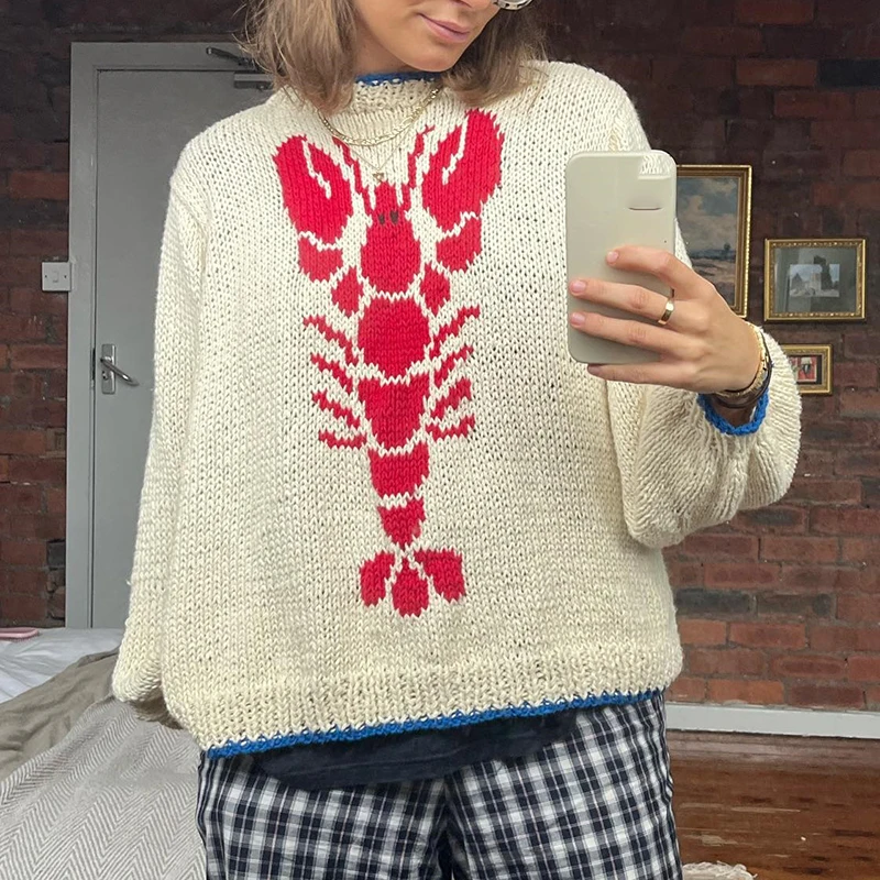 Lobster Patterm Knitted Pullovers Autumn Winter Long Sleeve Knitwear 90s Vintage Grunge Preppy Style Y2K Sweater Women Clothes