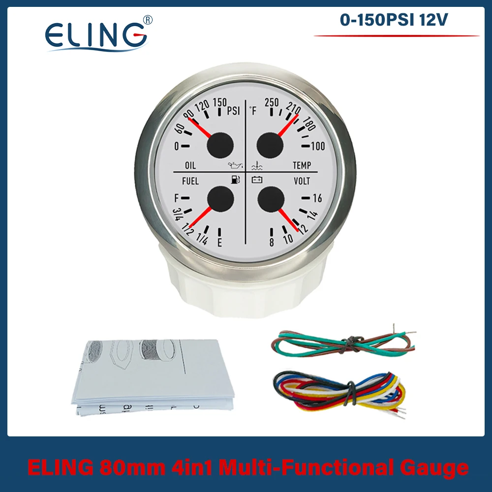 

ELING 80mm 4 in 1 Gauge Car Boat Fuel Level 0-150Psi Oil Pressure Water Temp 100-250℉ 12V 24V Voltmeter with 7 Clors Backlights