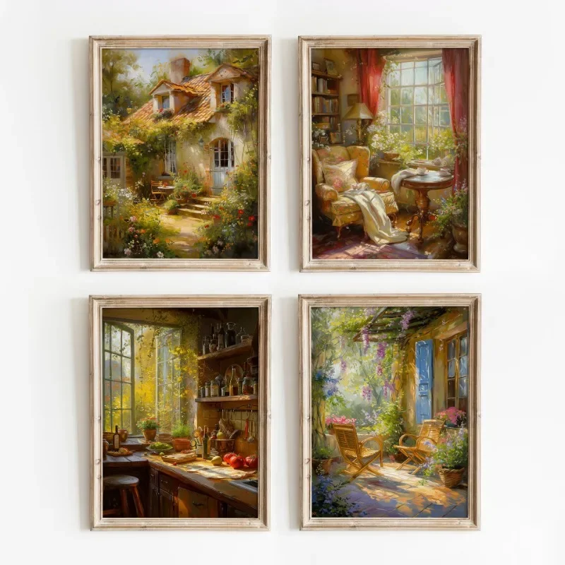 Vintage Landschafts-Poster mit Landhaus-Motiv, Blumen und Pflanzen, Leinwanddruck, Wandkunst für Englisches Wohnzimmer, Heimdekoration, Wandbild
