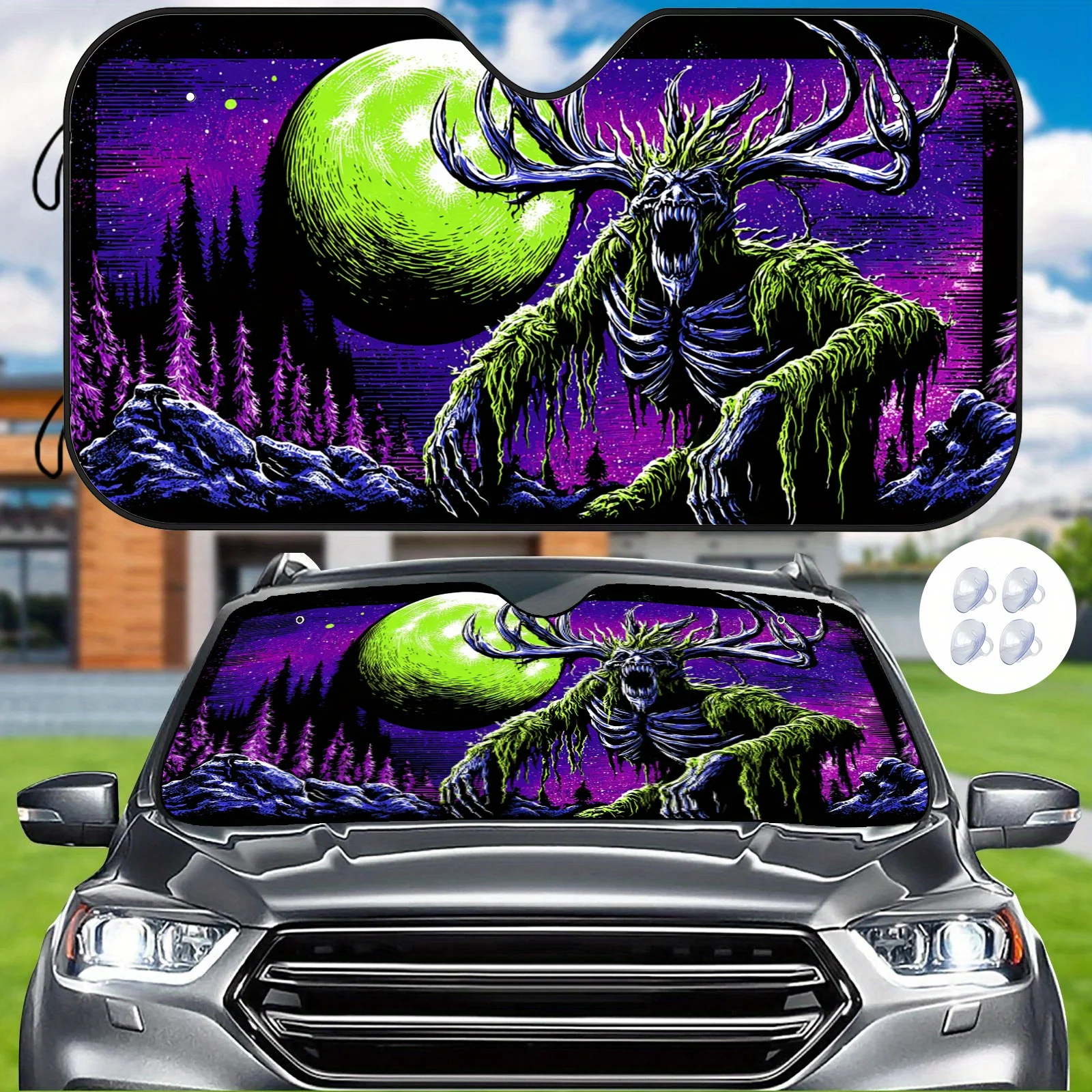 The Alien Antler Car Windshield Comes With A Powerful Suction Cup, Featuring A Swamp Monster Art Sunshade Made Of High-Temperatu