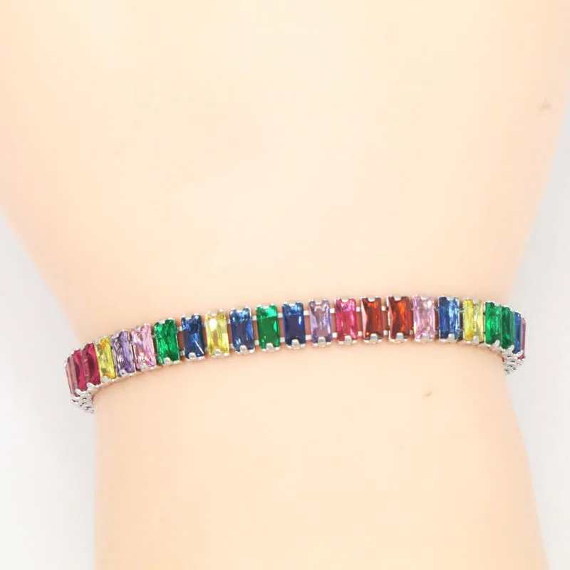 

Emerald Cut Multicolor Moissanite Tennis Bracelet Lab Diamond S925 Sterling Silver Wedding Bracelet Pulseiras for Women Man