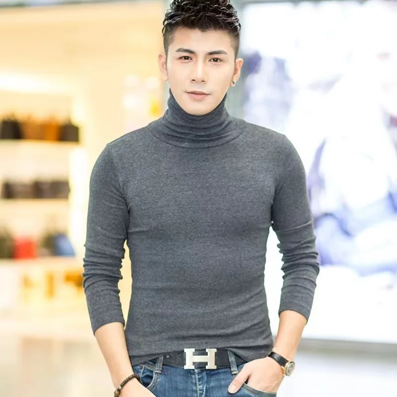 ربيع جديد الرجال الياقة المدورة تي شيرت كم طويل سليم صالح بلون عالية مرونة قاع البلوفرات النمط الأساسي الذكور القمم