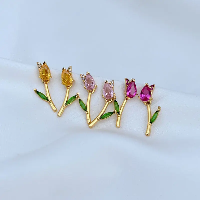 

New Affordable Luxury Fashion Sweet Fresh Zircon Inlaid Tulip Shape Special-Interest Design Women's Metal Stud Earrings