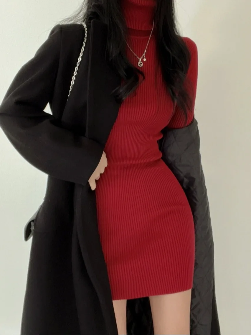 Chique outono inverno alta ne malha envoltório bodycon dr feminino simples elegância emagrecimento camisola ort saia camada base dr