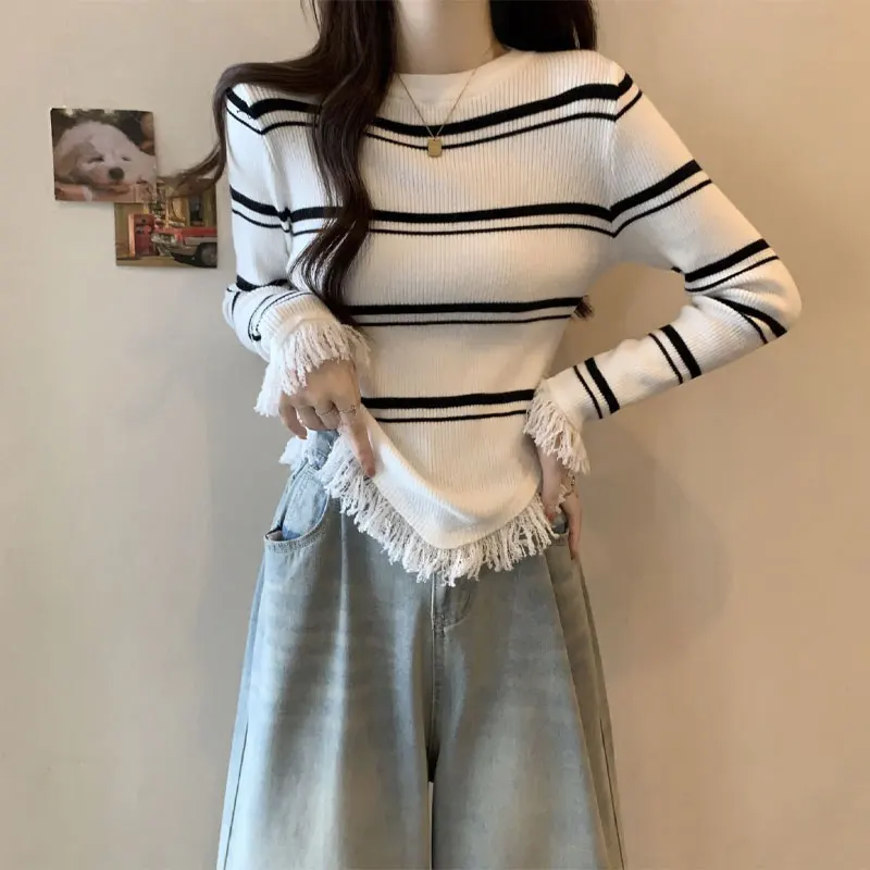 

Irregular Stylish Tassel Pullovers Women's Clothing Striped Slim Round Neck Autumn Winter Long Sleeve Spliced Knitted T-shirt