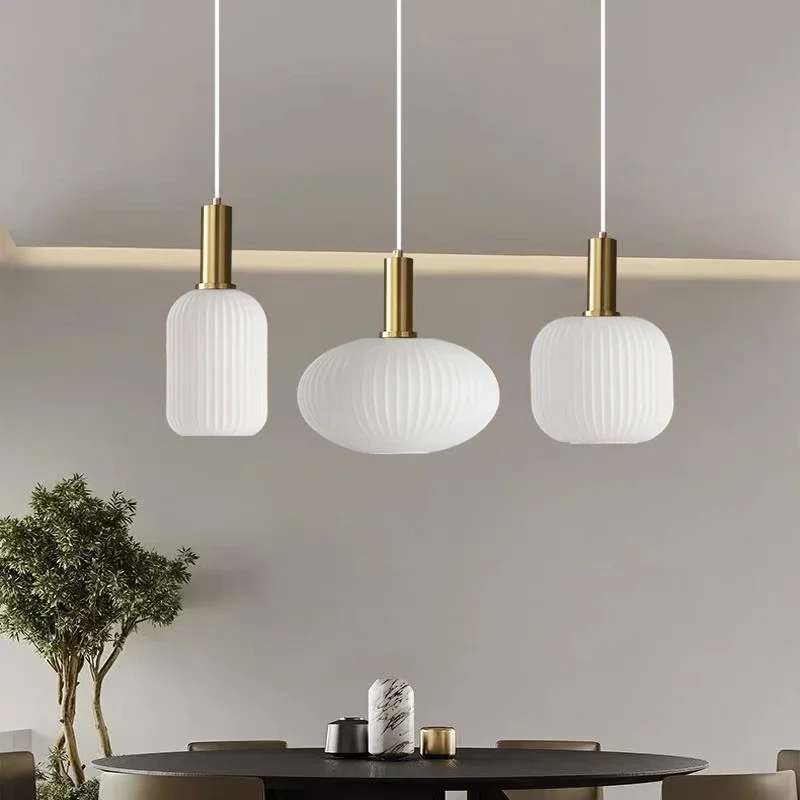 Retro Nordic design glass LED chandelier with milky white minimalist lampshade, perfect for restaurants or bedrooms