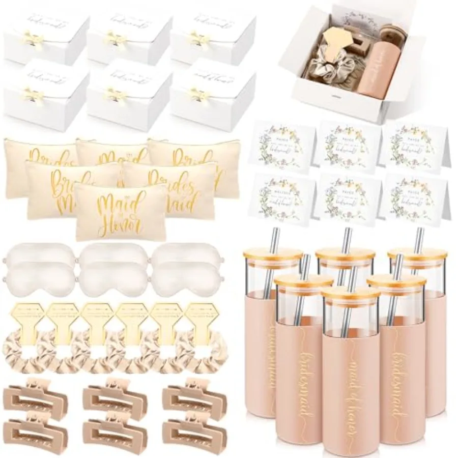 

42 Pcs Bridesmaid Proposal Gifts Bridal Shower Wedding Gift Box Makeup Bags Invited Cards Tumblers with Lids and Straw Scrunchi