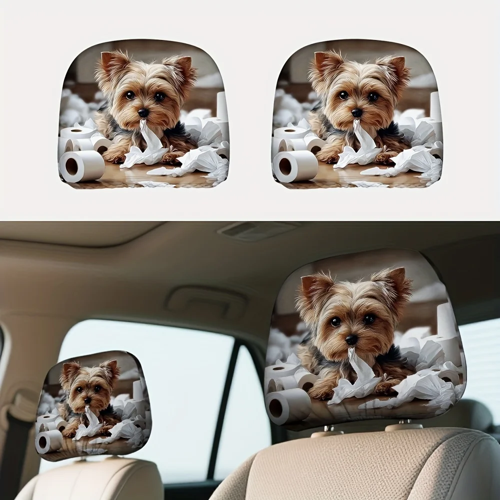 Set of 2 Flat Printed Car Headrest Covers Featuring A Classic and Stylish Design with A Cute Yorkshire Terrier Motif.