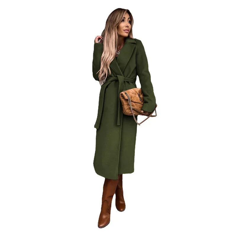 European and American Solid Color Lapel Tie Up Wool & Blends Coat,women's Autumn and Winter New Loose Long Sleeve Stitching Coat