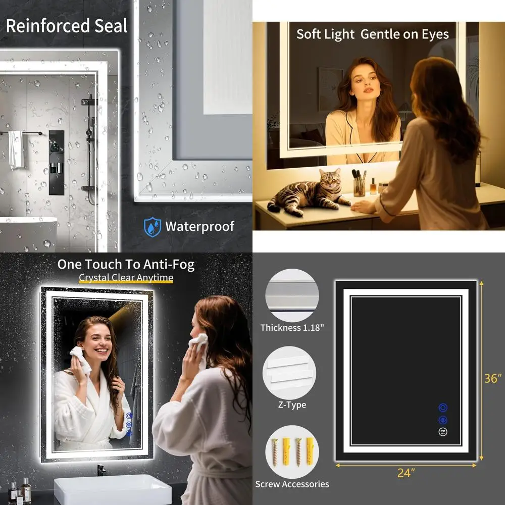 

Светодиодное противотуманное зеркало для ванной комнаты, 36x24, подсветка с бесступенчатой регулировкой яркости, 3 цветовых режима, небьющаяся, водонепроницаемость, функция памяти