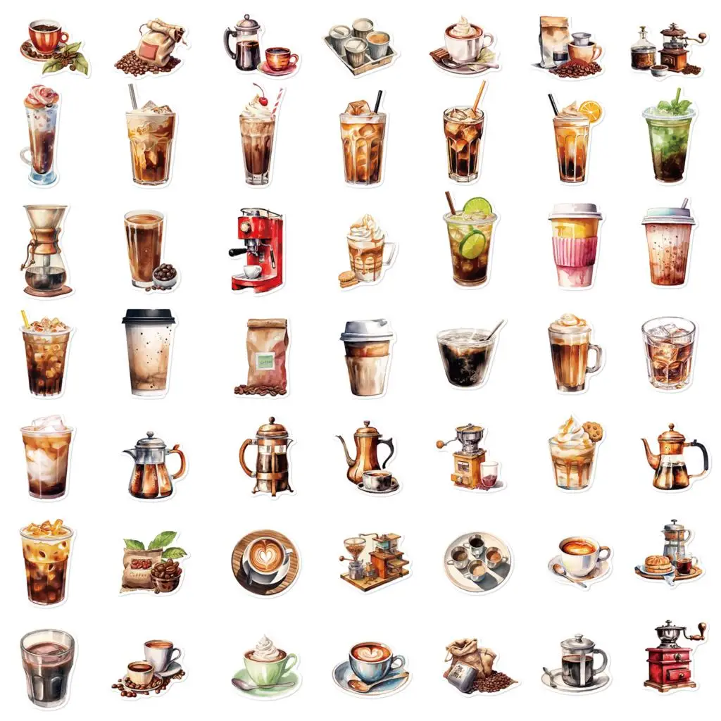 50PCS Coffee Lover Art Sticker DIY Notebook Handbook Luggage Computer Decoration Graffiti Waterproof Sticker Wholesale