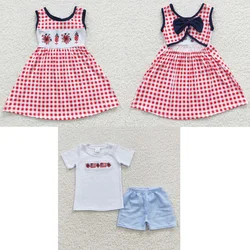 Kid July 4th Summer Flag Embroidery Set Children Matching Baby Boy Girl Plaid Dress Cotton Short Sleeves  Toddler Outfit