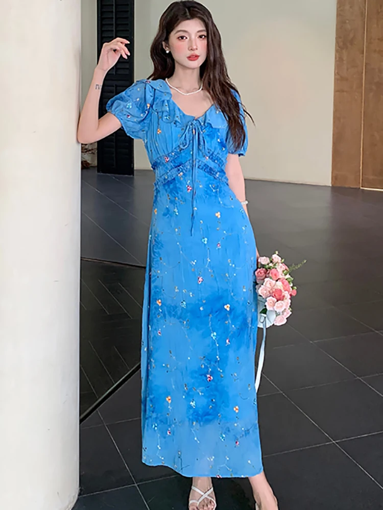 المرأة الأزرق التطريز الأزهار القوس تكدرت طوق فستان طويل الصيف أنيقة ضمادة فستان 2025 الكورية موضة فستان مناسبات غير رسمية