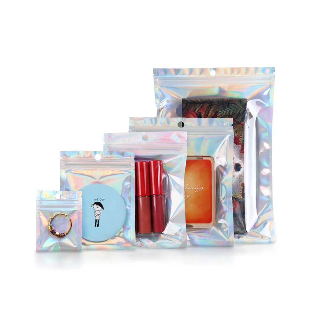 

100Pcs/Pack Small Mylar Bags Laser Plastic Resealable Odor Proof Bag Holographic Pouch with Clear Front for Multipurpose Storage