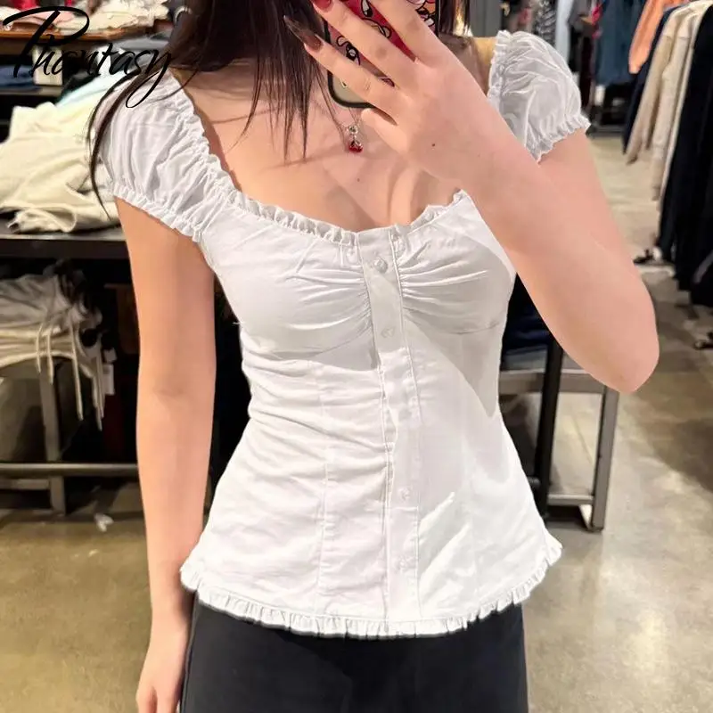 

Phantasy Y2k женские топы сексуальная полосатая тонкая блузка с квадратным вырезом рубашка с рюшами модная элегантная блузка винтажная одежда 2023 лето