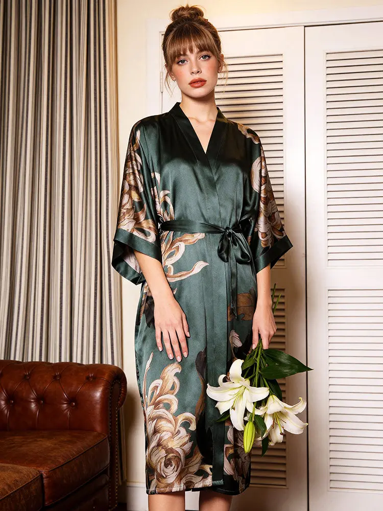 100% Mulberry Silk Long Robe Women's Plus Size Kimono Nightgown Elegant Morning Dressing Gown Sleepwear PJs Bathrobe Loungewear