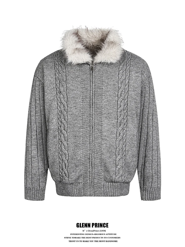 

Мужской вязаный кардиган GPstudio в американском стиле с воротником из искусственного меха, теплый свитер для повседневной носки, зимний стиль