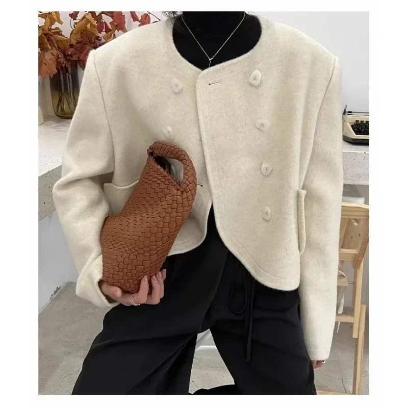 여성용 그레이 숏 양면 캐시미어 코트, 고급 한국 용수철, 작은 향기 바람 울 코트, 가을 패션, 신상