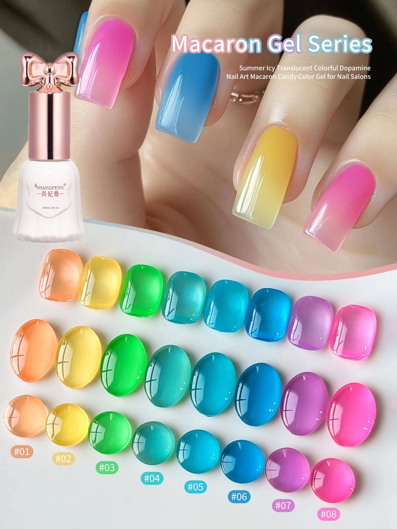 10ml Macaron Candy Gel Nail Polish 8 Colors Summer Icy Translucent Colorful Dopamine Gel for Nail Art Salon Manicure DIY at Home