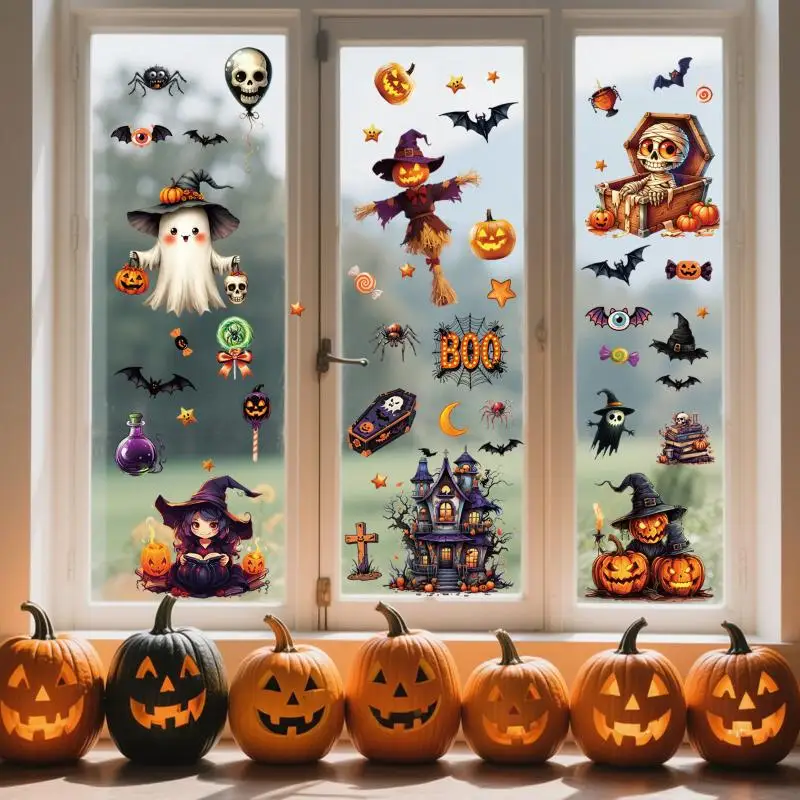 Halloween Window Stickers Set Pumpkin Bat Castle Pattern Wall Decals For Spooky Halloween Decorations