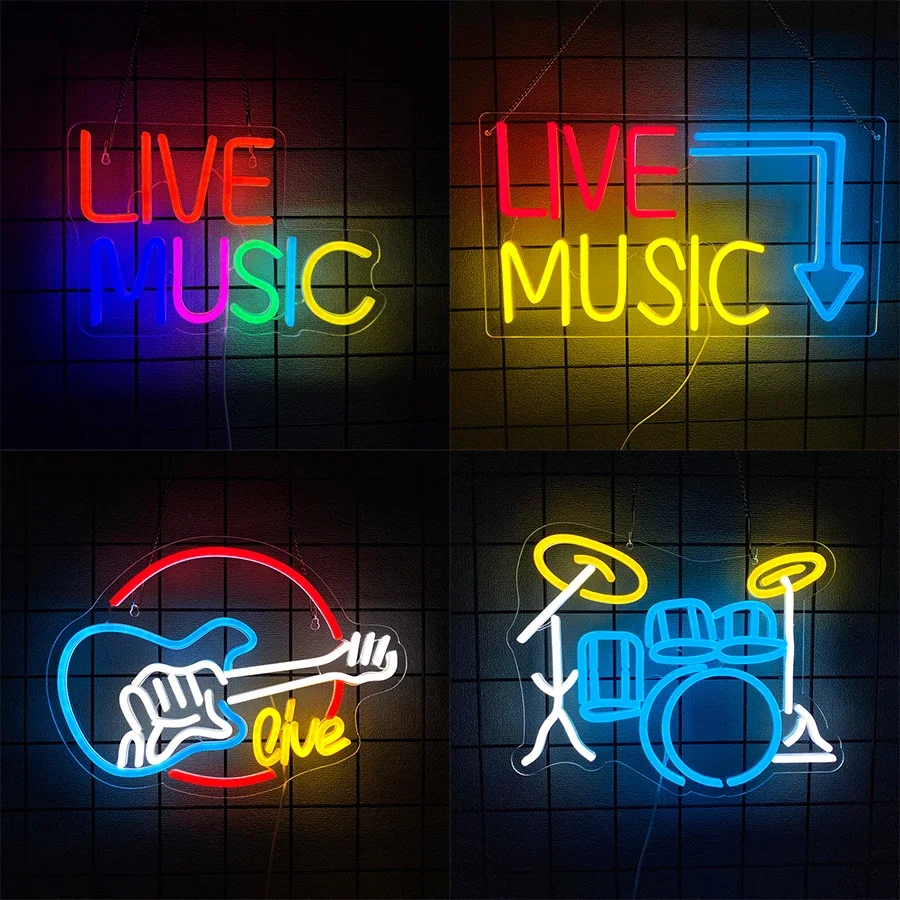 

Значки гитарных и барабанных инструментов, бары, музыкальные студии, спальни, вечеринки, клубы и ночные клубы, светодиодные неоновые вывески в прямом эфире.