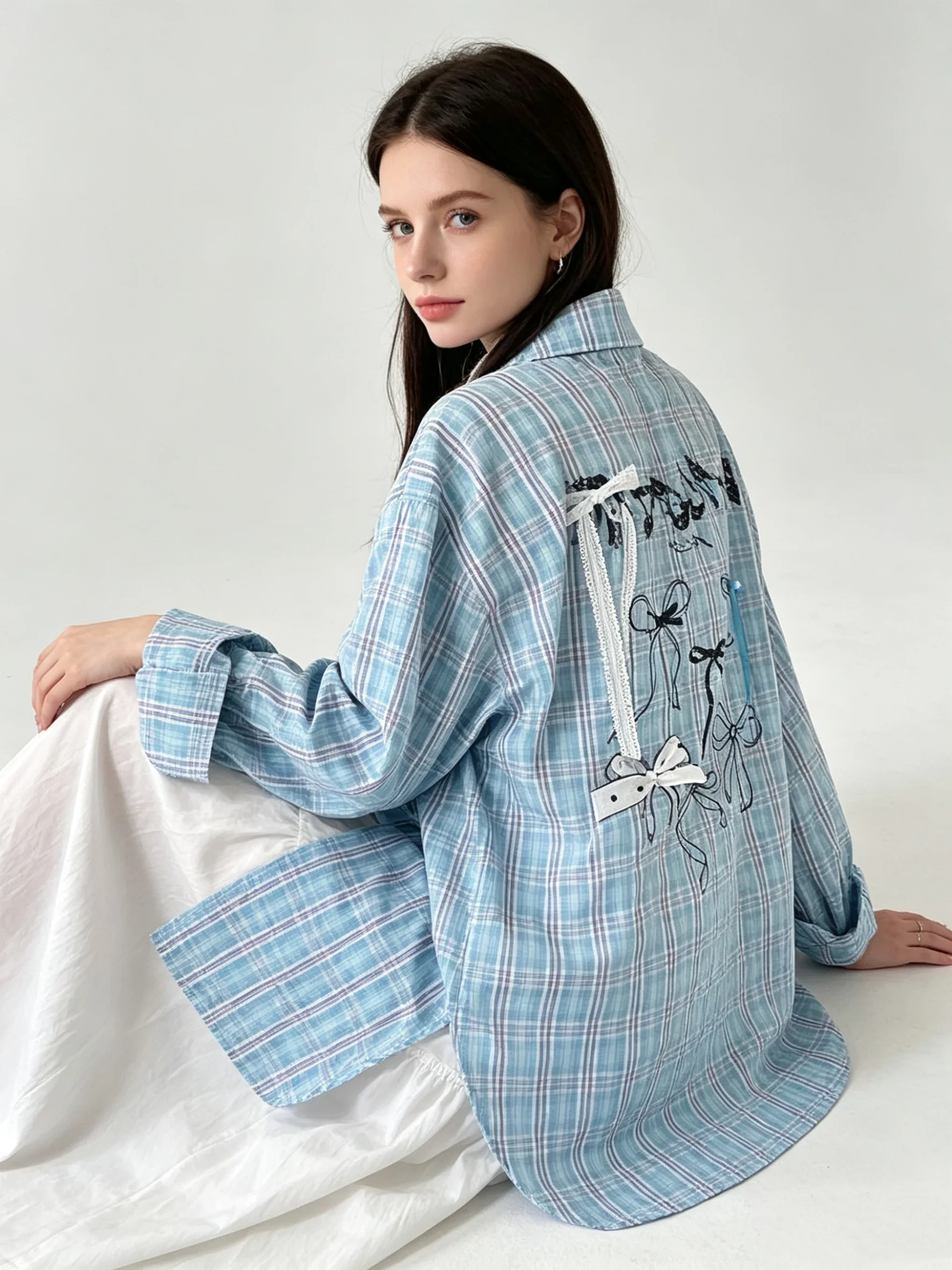 

Y2K Original American Three Dimensional Bow Grid Shirt for Women, Loose, 2026 Spring/Summer Design, Sunscreen Shirt Top