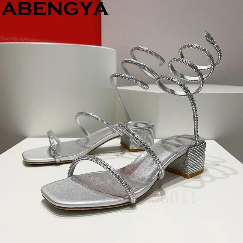 

Narrow-band Square Toe Low Heel Sandals Women Ankle Strap Crystal Inlay Gladiator Sandals Summer Casual Beach Party Shoes Women