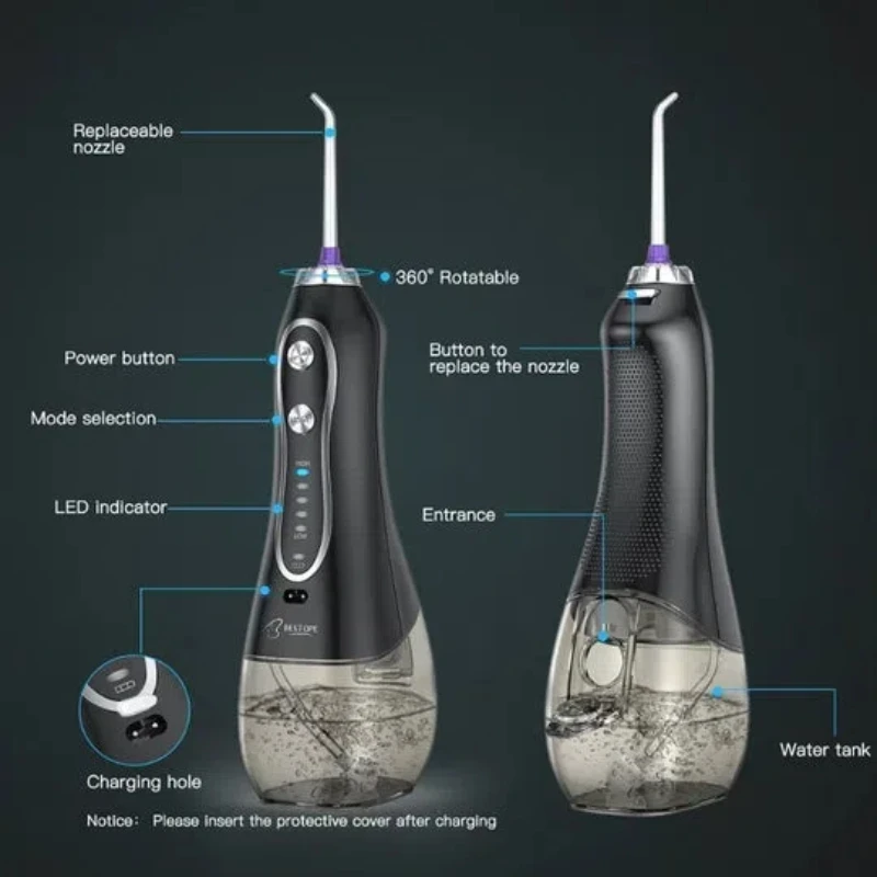 Water Flosser 300ML 5 Modes & 6 Jet Tips - IPX7 Waterproof Cordless Dental Oral Irrigator Rechargeable Water Flossing