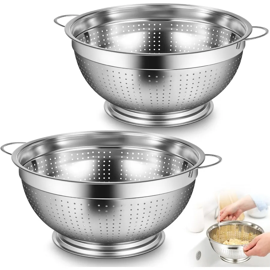 

2 упаковки, 12-литровый сверхпрочный дуршлаг из нержавеющей стали с основанием на ножках и ручками, макароны, спагетти, ягоды, фрукты, овощи, кухня F