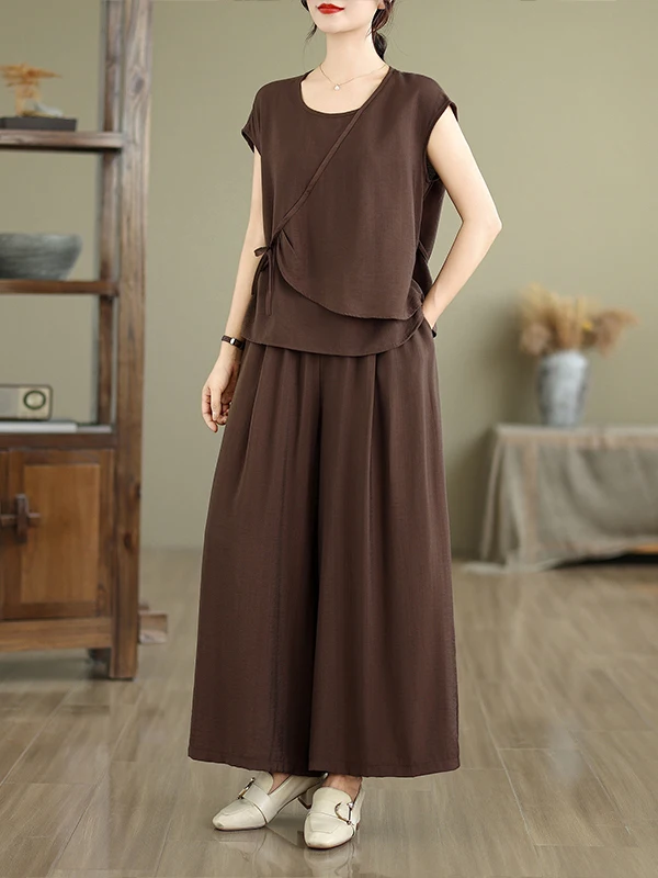 Faionable Lockeres, lässiges Zweiteiler-Set für den Sommer 20225, altersabweisendes Mama-Outfit, hohe Taille, weites Bein, Hose aus Baumwolle, rundes Ne-Top