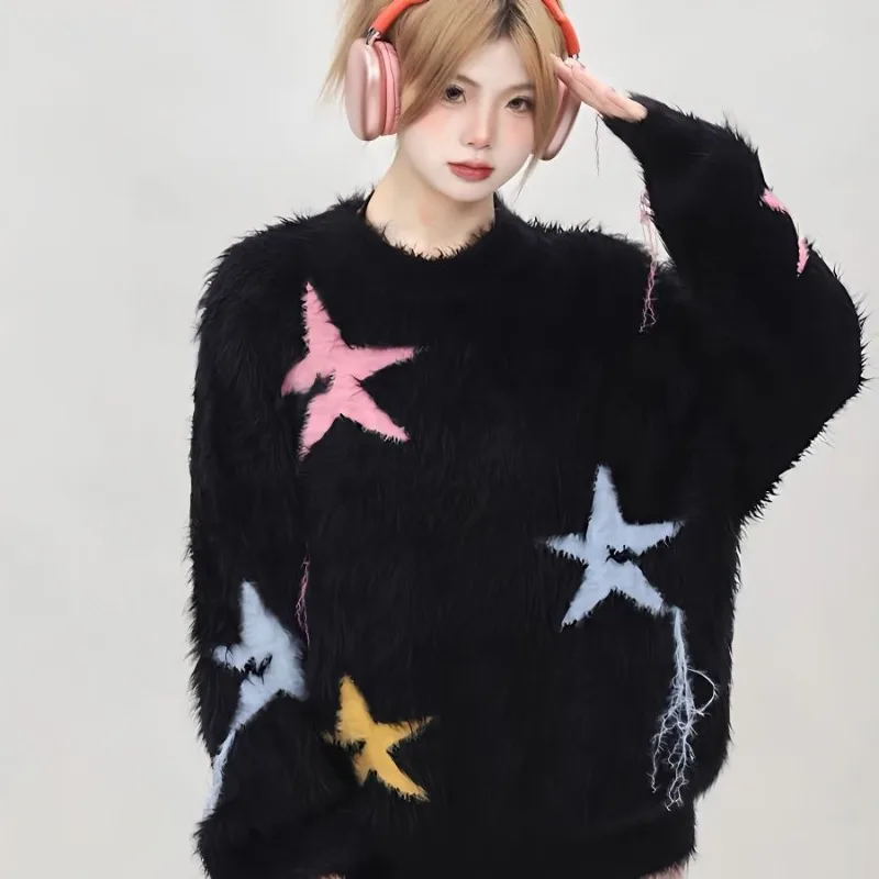 

Винтажный милый свободный мягкий клейкий свитер со звездами для девочек, осень-зима, новые удобные вязаные пуловеры с круглым вырезом, топ