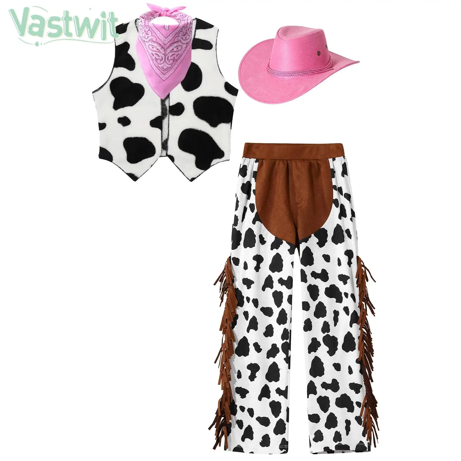 

Girls Halloween Cowgirl Cosplay Costume Boys Western Cowboy Role Play Clothes Cow Print Vest with Fringed Pants Bandanna Hat