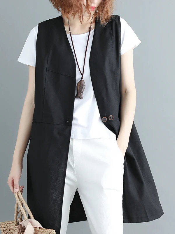 

Spring New Sle Artistic Loose Retro Svel V-Ne Mid-Length Lin Vest Jaet Women's Faion Commute Sle Pure Color