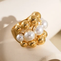 May@RZ Large Gold Plated Spherical Imitation Pearl Ring Stainless Steel Women's Personality Ring Exaggerated Jewelry Waterproof