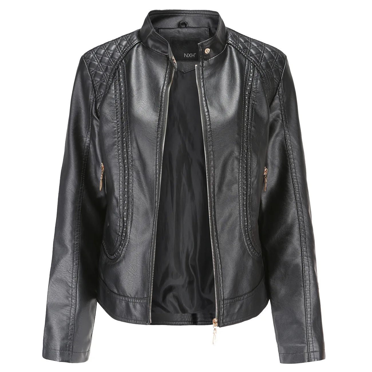 Spring Women's Large Size Feminine PU Leather Stand-up Collar Leather Jacket