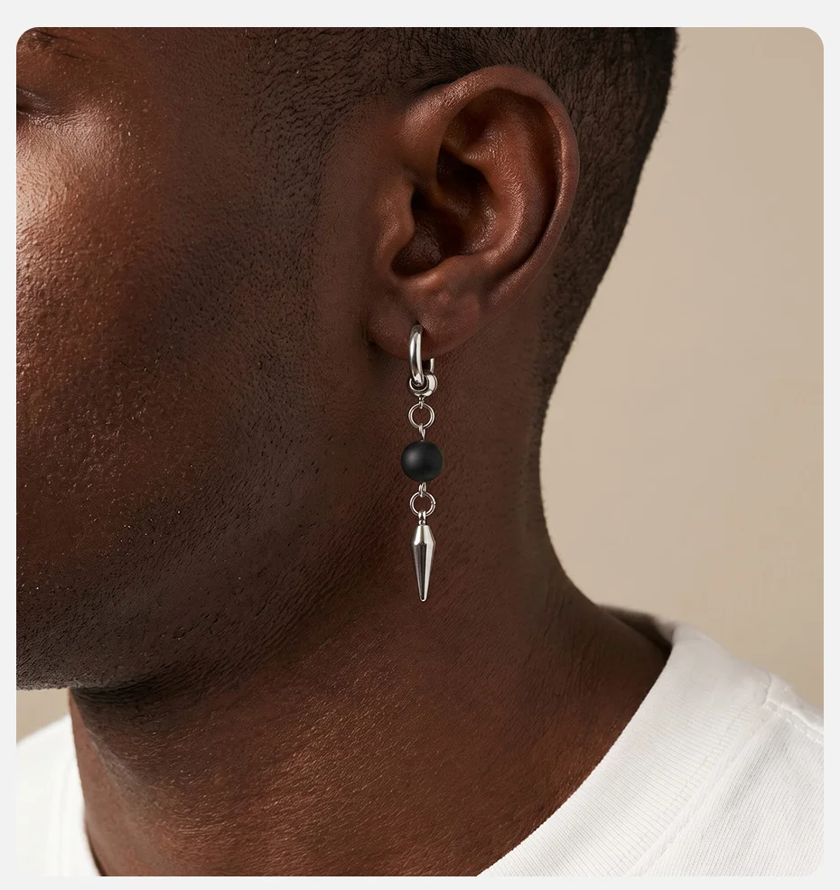 Vnox Punk Edelstahl Creolen für Männer, Schwarze Perlen-Kegel-Spikes, Sicherheitsnadel-Spikes, Hängende Gothic Hip-Hop Schmuck Geschenk – Detail 2