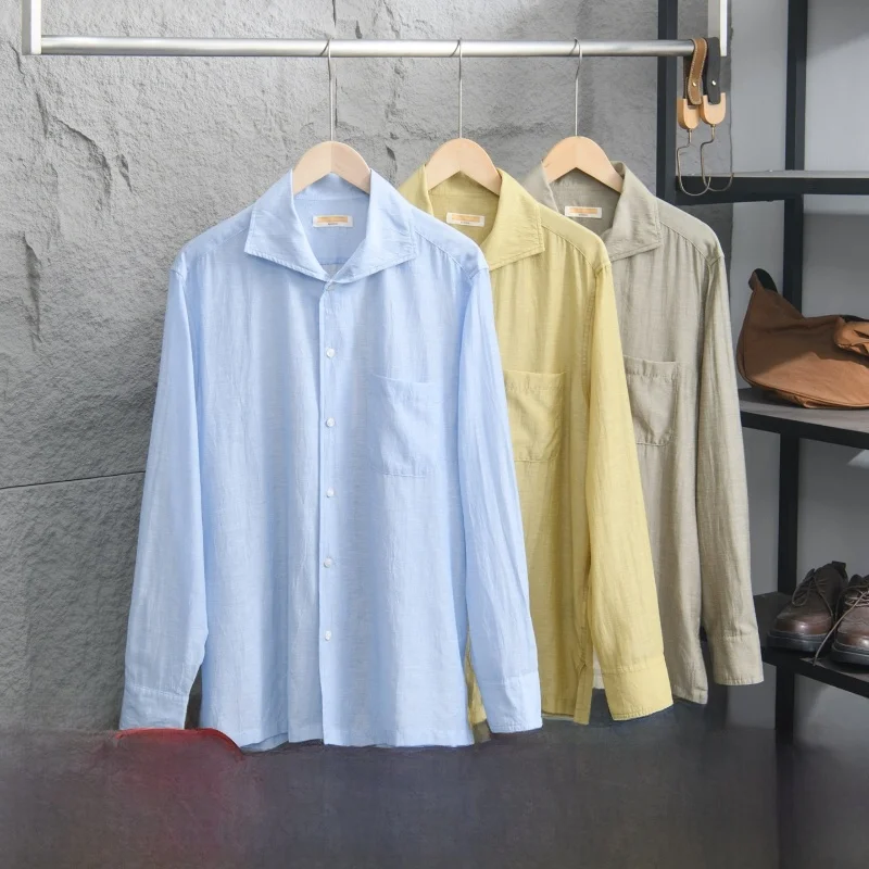 

Comfortable Linen Blend Casual Shirt Lightweight Breathable Men's Spring Summer Standard Fit Long Sleeve Suit Collar Shirt