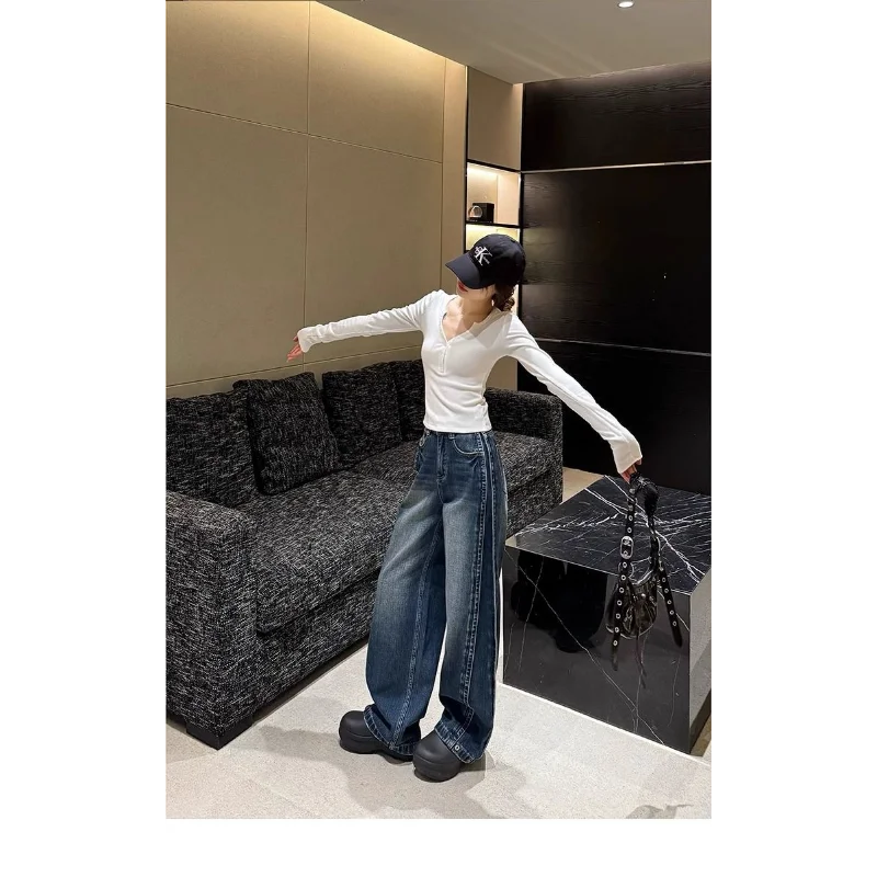 アメリカンレトロワイドレッグジーンズ女性ルーズストレートレッグストレッチフロアレングスパンツ