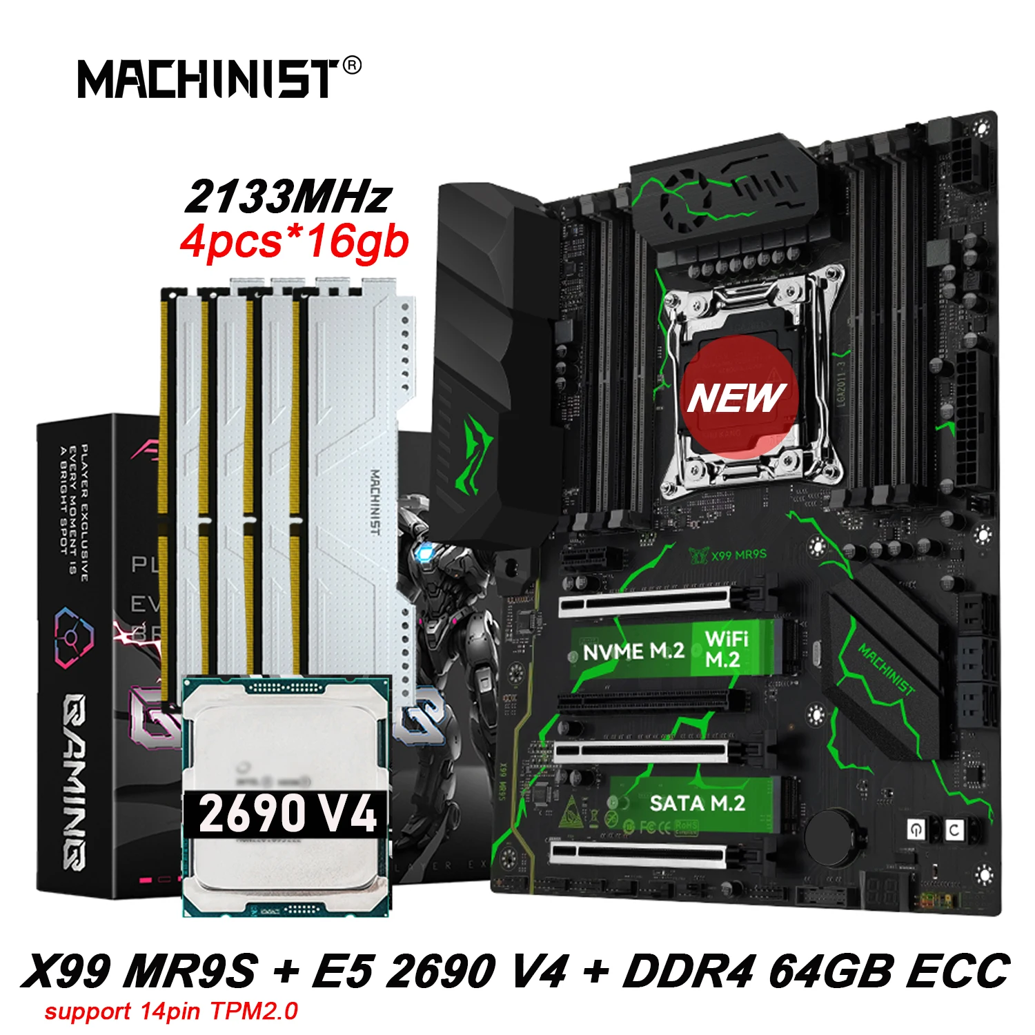 

MACHINIST MR9S X99 motherboard kit LGA2011 3 Xeon E5 2690 V4 4*16GB DDR4 2133Mhz 4 channels NVME USB3.0 SATA3.0 TPM2.0 Interface