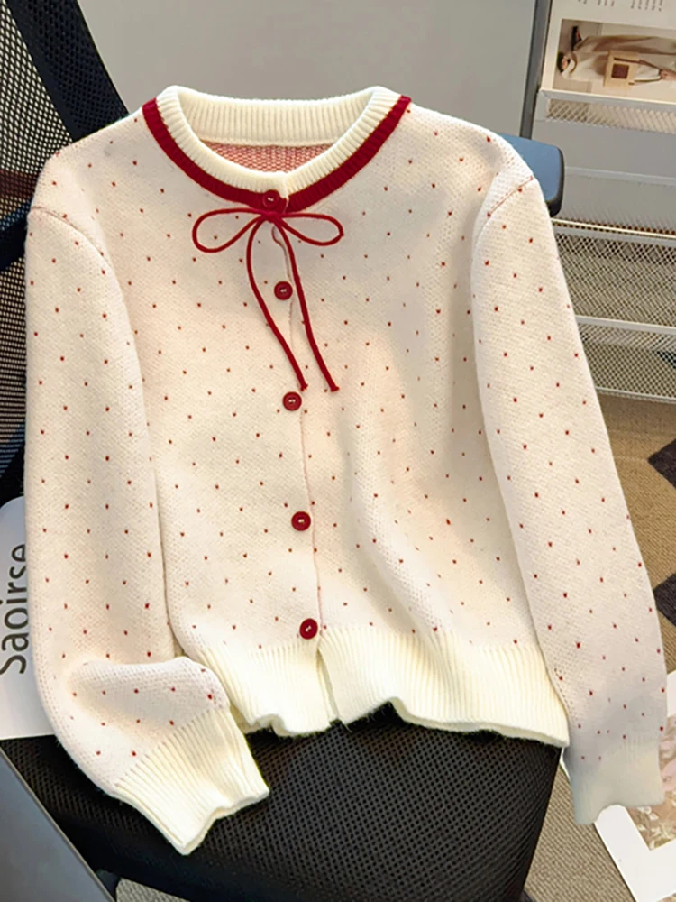 

Красный вязаный свитер-кардиган в горошек для женщин, осенне-зимний дизайн, корейский свободный крой, утепленный, в стиле кэжуал