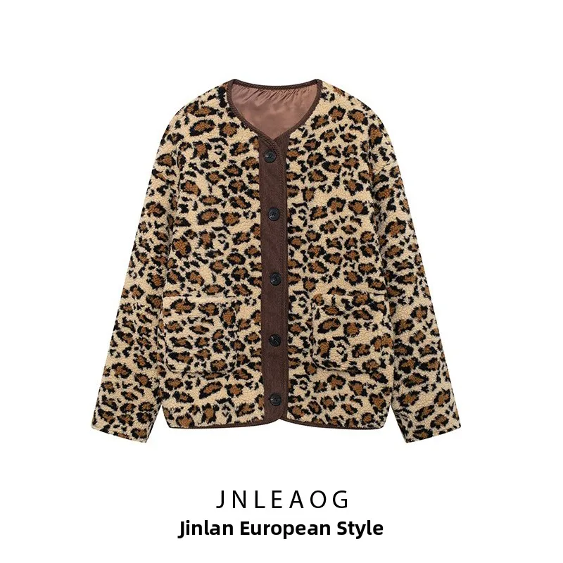 

Faionable Leopard Print Long Sve Casual Loose Women's Jaet New Design Polyester Fabric round Ne Button Closure Coat