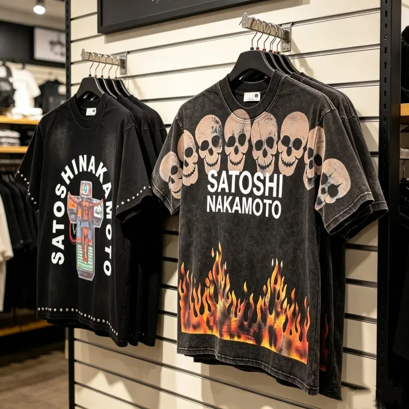 Retro Washed Black SATOSHI Tshirts Men Women Summer Cotton Flame Skull Pattern Mechanical Jesus Cross Print Short Sleeve Tops