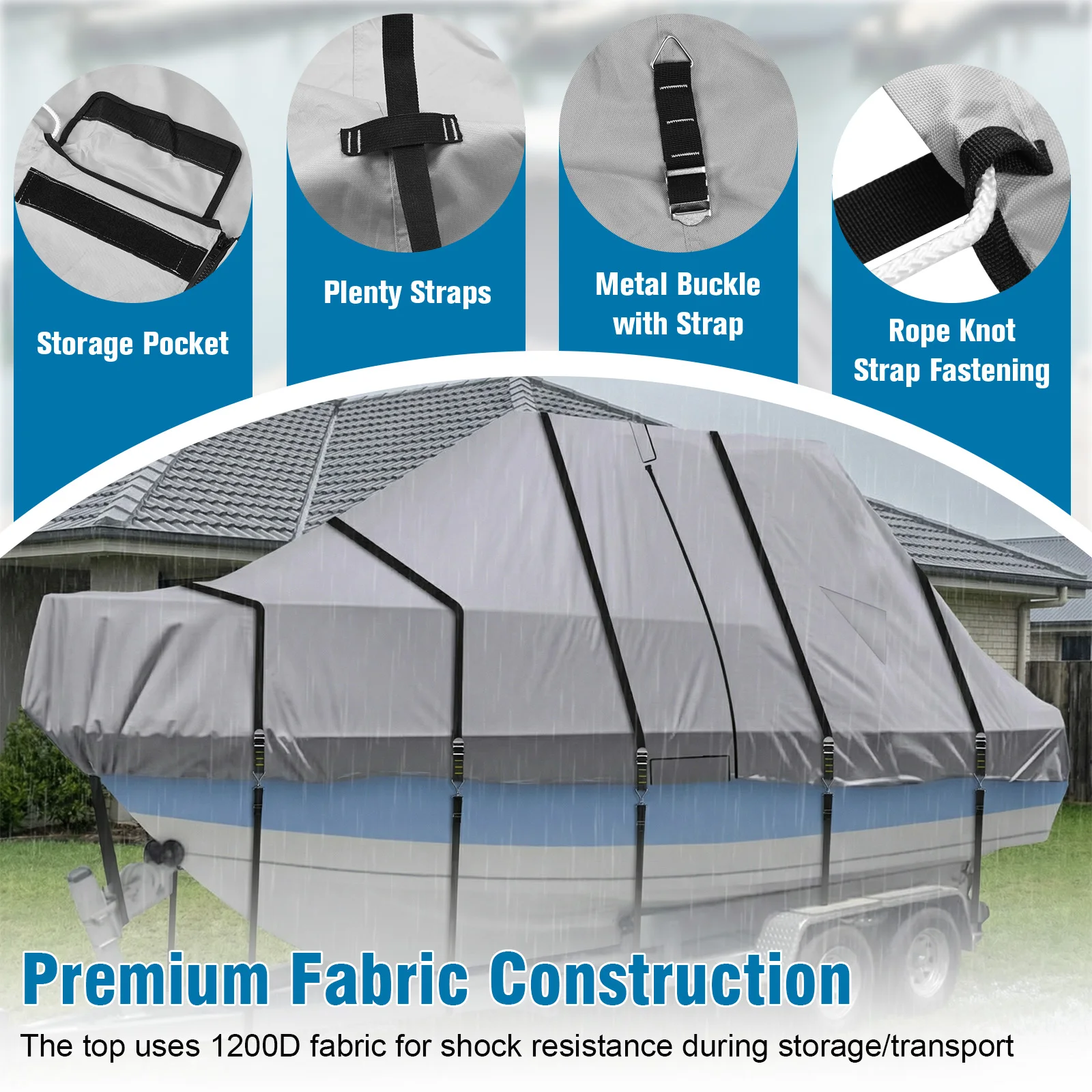 

1200D Hard Top Yacht Boats Storage Covers with 18 Tie Down Strap Boat Center Console Protect Covers UV-Proof For Protecting Roof