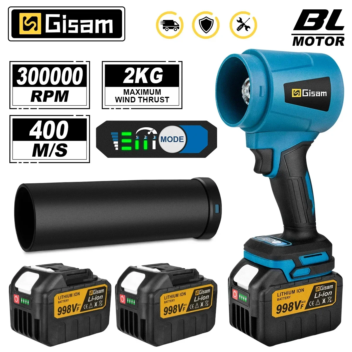 Gisam 300000RPM Brushless Electric Turbo Blowers Jet Fan 400M/S Handheld Leaf Blower Dust Blowing Tool for Makita 18V Battery