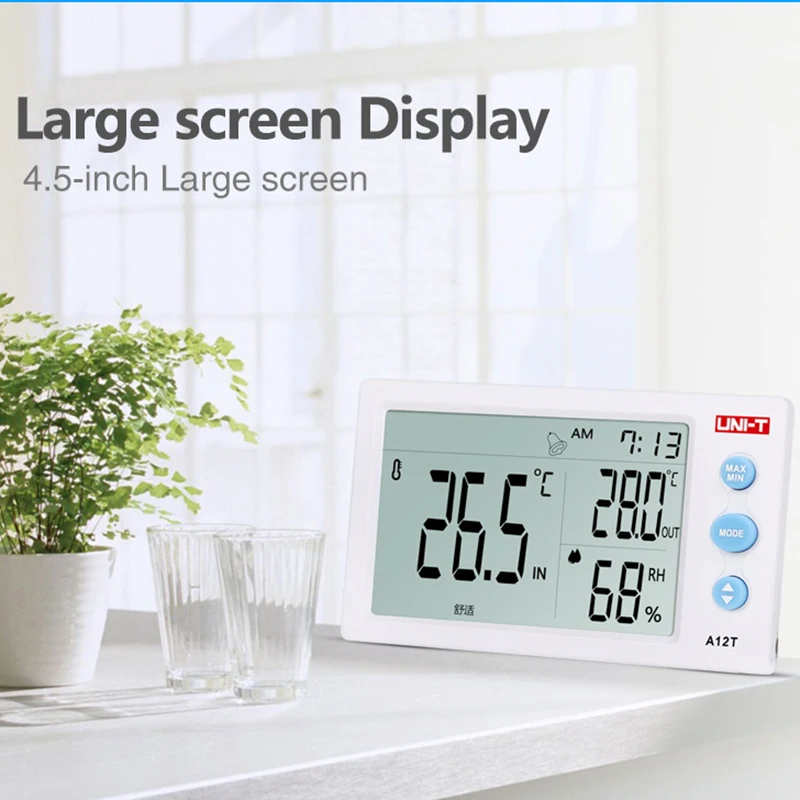 UNI-T A12T الرقمية LCD ميزان الحرارة رطوبة درجة الحرارة الرطوبة متر المنبه محطة الطقس داخلي في الهواء الطلق أداة