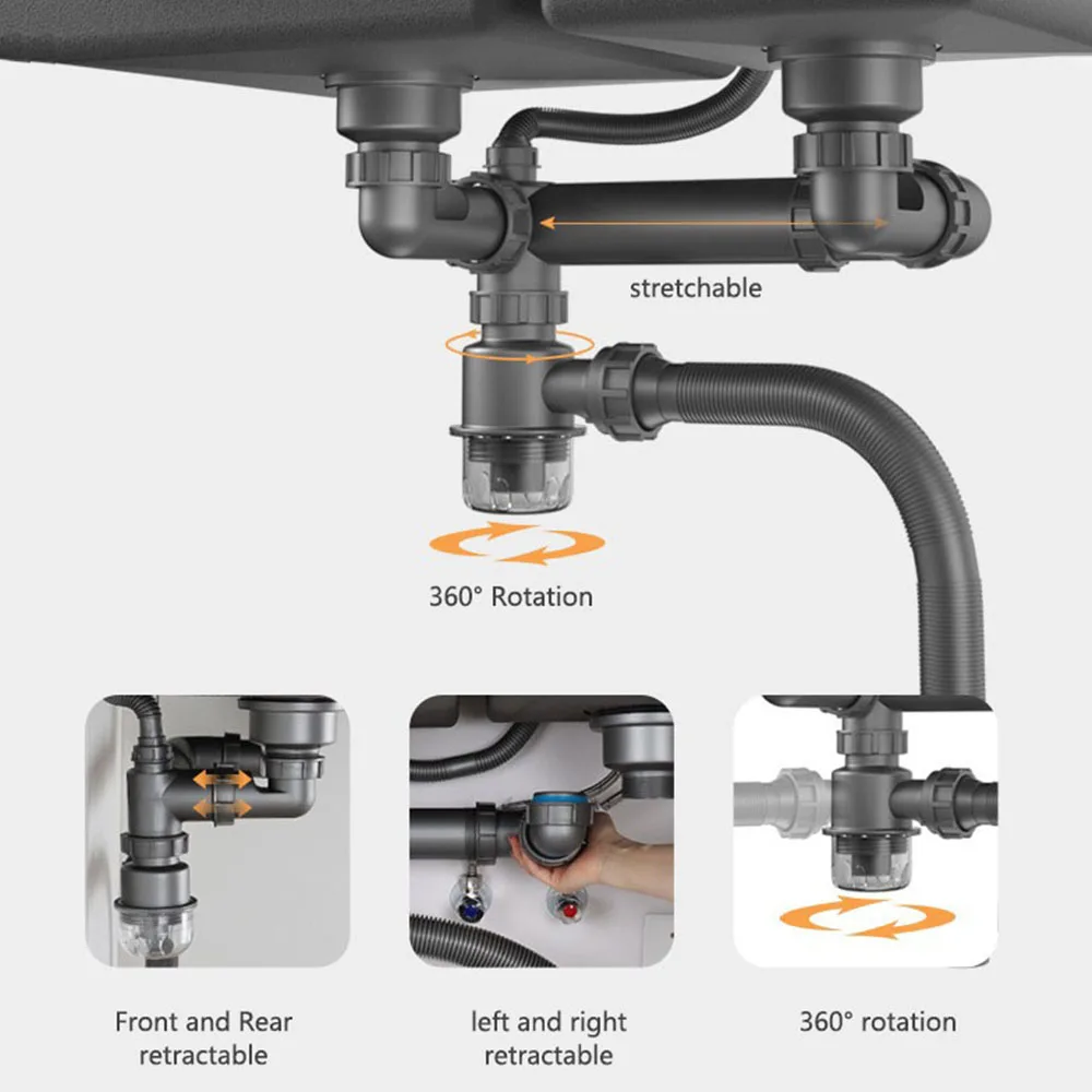 Imagem -03 - Cozinha Desodorização Sink Drain Pipe Grupo 3-way Lavatório Drenagem Mangueira de Água Único Tanque Duplo Tubo de Esgoto Anti-bloqueio