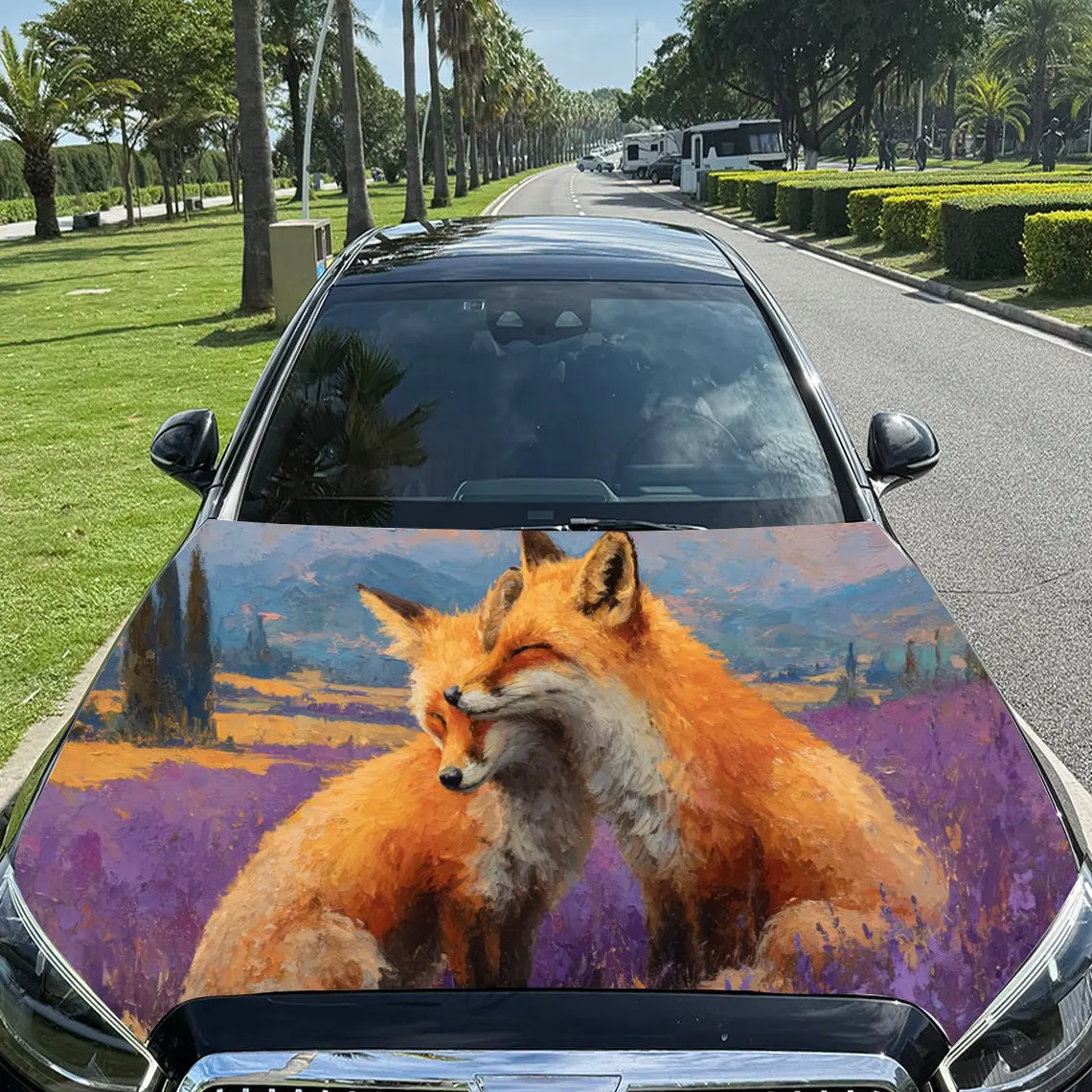 

Cute Fox Duo in Scenery PVC Car Engine Hood Vinyl Wraps, Self-Adhesive Waterproof Car Hood Decal Sticker, Car Decoration Protect